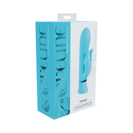 Loveline Tendre Rechargeable Silicone Rabbit Vibrator Blue packaging displaying sleek design and 10 vibration functions.