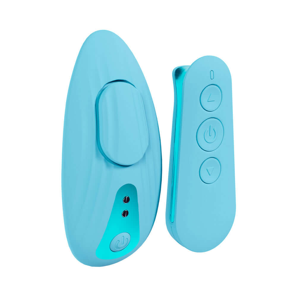 Loveline Celeste Rechargeable Remote Control Panty Vibrator Blue with remote control, designed for discreet stimulation.