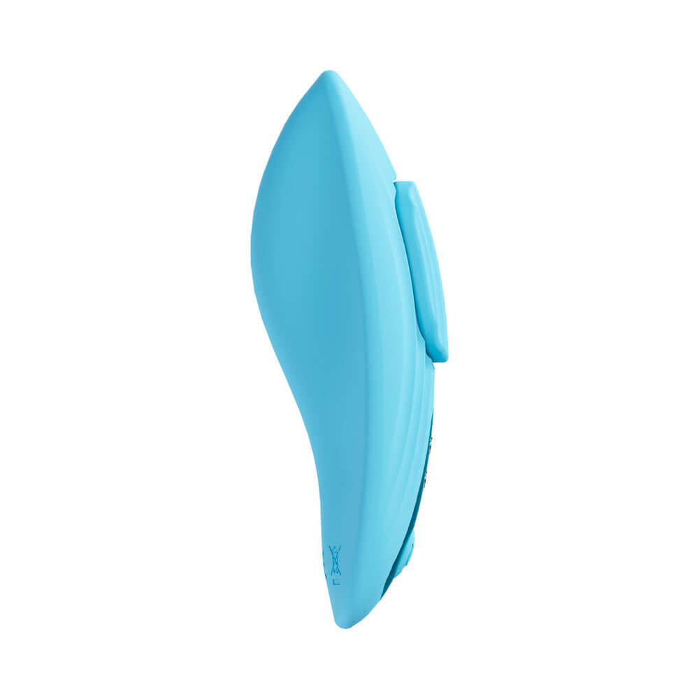 Loveline Celeste Rechargeable Remote Control Panty Vibrator Blue side view in a vibrant blue color.