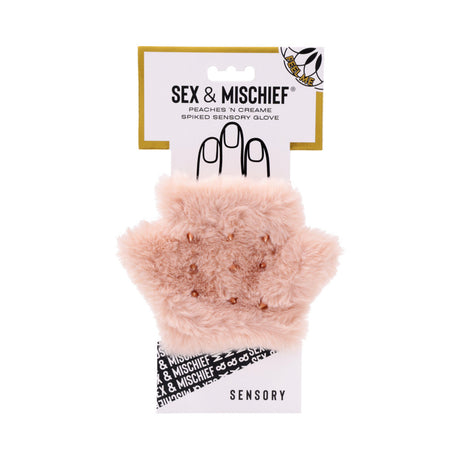 Sportsheets Sex & Mischief Peaches n CreaMe Spiked Sensory Glove in fluffy pink design with spikes for sensory play.