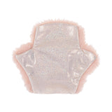 Sportsheets Sex & Mischief Peaches n CreaMe Spiked Sensory Glove in pink with fluffy edges and shimmering surface.