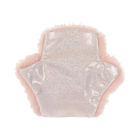 Sportsheets Sex & Mischief Peaches n CreaMe Spiked Sensory Glove in pink with fluffy edges and shimmering surface.