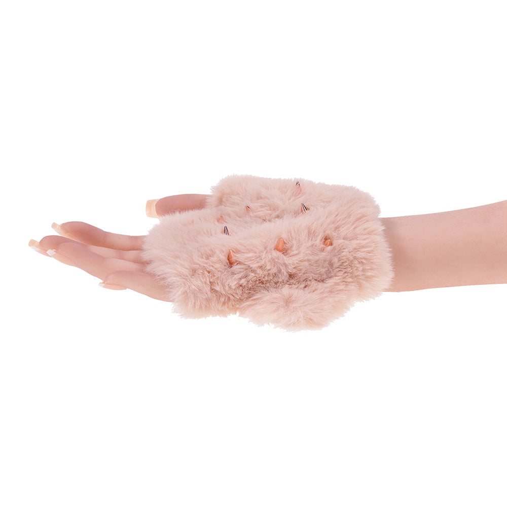 Sportsheets Sex & Mischief Peaches n CreaMe Spiked Sensory Glove showing spiked pink faux fur palm against a hand.