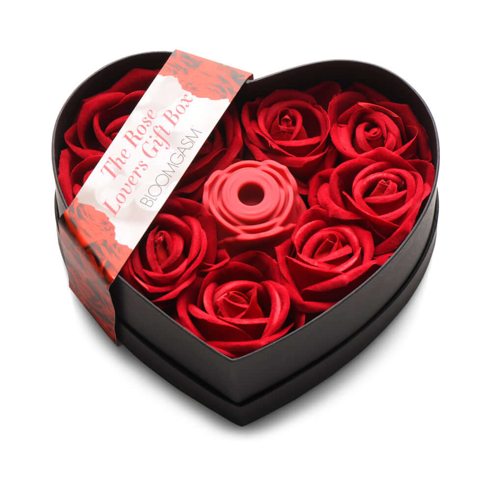 Bloomgasm The Rose Lovers Gift Box Red featuring a heart-shaped box and clit stimulator, surrounded by faux roses.