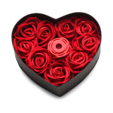 Bloomgasm The Rose Lovers Gift Box Red in a heart-shaped box with faux red roses and a clitoral stimulator.