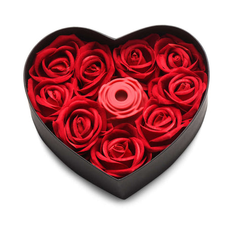 Bloomgasm The Rose Lovers Gift Box Red in a heart-shaped box with faux red roses and a clitoral stimulator.