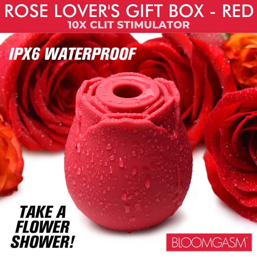 Bloomgasm The Rose Lovers Gift Box Red with waterproof clit stimulator and romantic red roses in background.