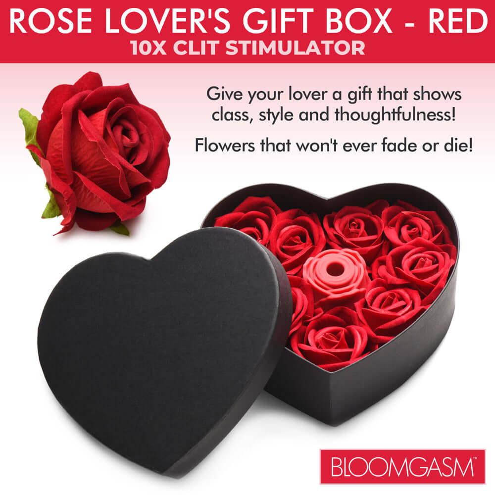 Bloomgasm The Rose Lovers Gift Box Red featuring a heart-shaped box with faux roses and a clit stimulator.