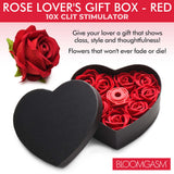 Bloomgasm The Rose Lovers Gift Box Red featuring a heart-shaped box with faux roses and a clit stimulator.