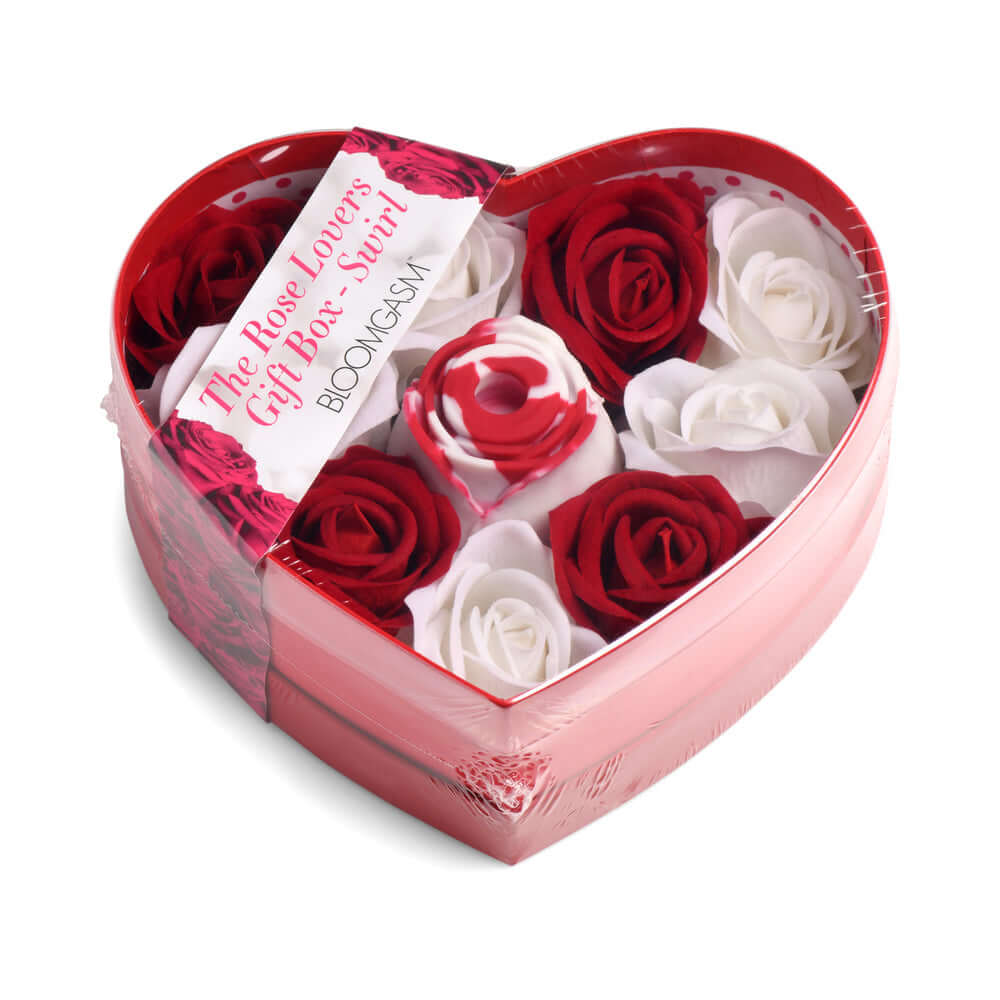 Bloomgasm The Rose Lovers Gift Box Swirl in a heart-shaped case with red and white roses.