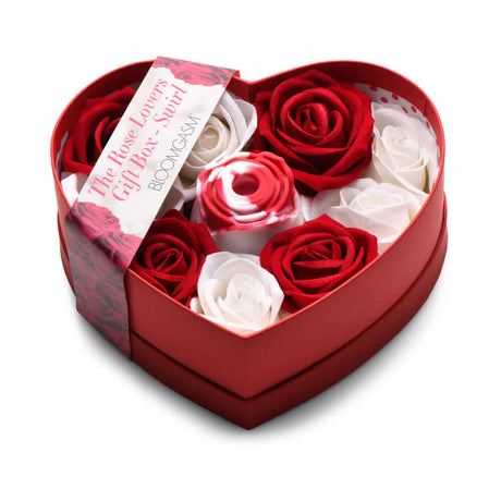 Bloomgasm The Rose Lovers Gift Box Swirl in a heart-shaped case with red and white roses.