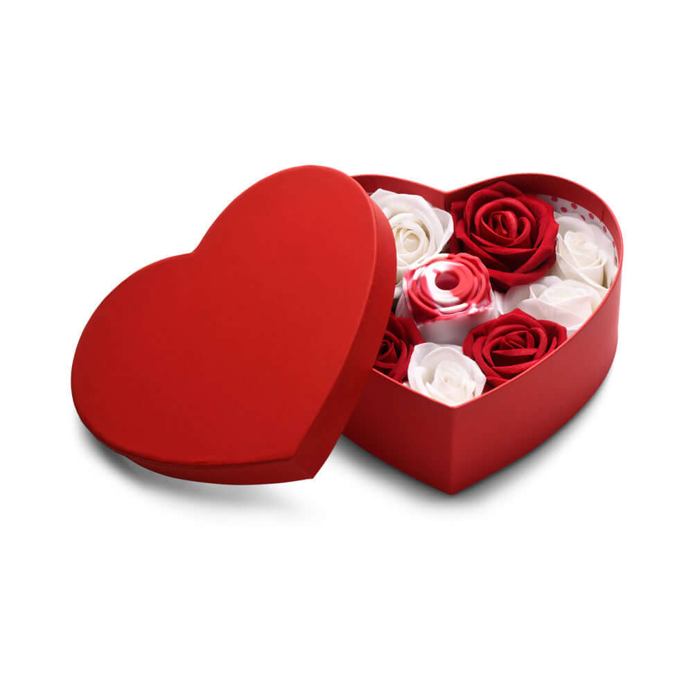 Bloomgasm The Rose Lovers Gift Box Swirl in a heart-shaped box with red and white roses.