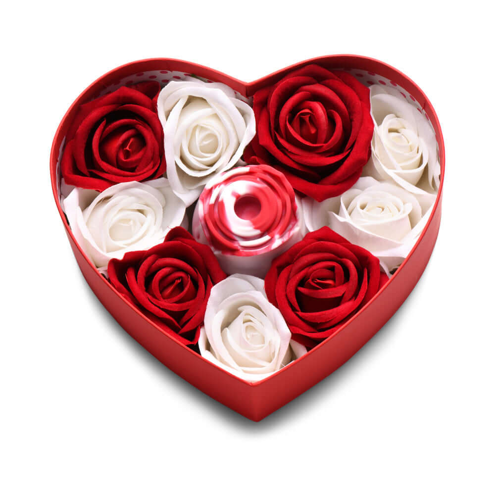Bloomgasm The Rose Lovers Gift Box Swirl featuring red and white roses in a heart-shaped case.
