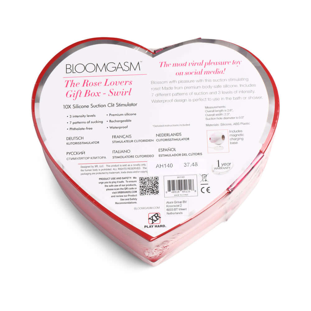 Bloomgasm The Rose Lovers Gift Box Swirl heart-shaped case with rose-shaped stimulator and instructions.