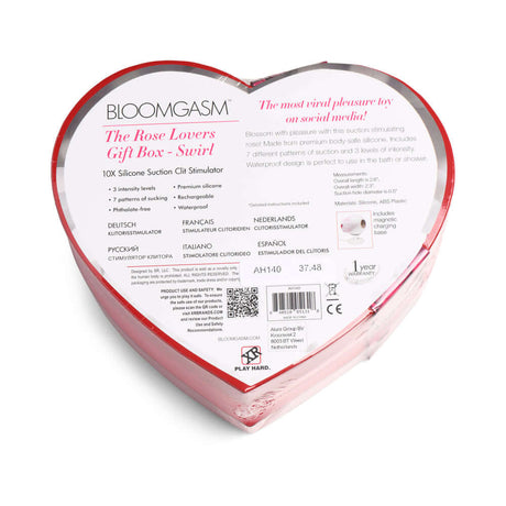 Bloomgasm The Rose Lovers Gift Box Swirl heart-shaped case with rose-shaped stimulator and instructions.