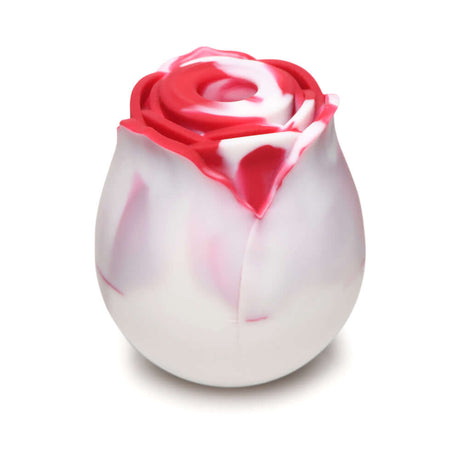 Bloomgasm The Rose Lovers Gift Box Swirl rose-shaped clitoral stimulator in white and pink design.
