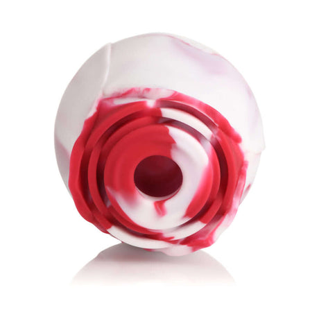Bloomgasm The Rose Lovers Gift Box Swirl rose-shaped clitoral stimulator in pink and white design.