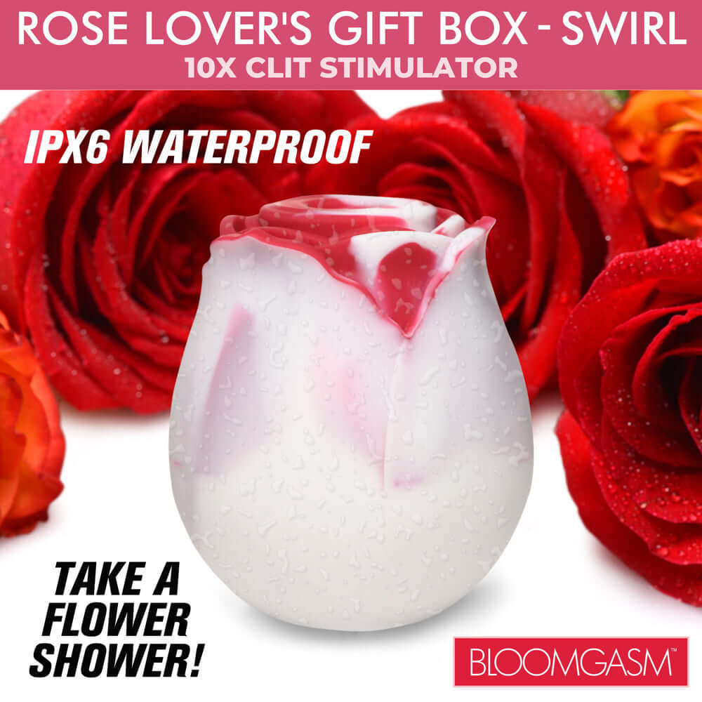 Bloomgasm The Rose Lovers Gift Box Swirl featuring a waterproof rose-shaped clitoral stimulator and red roses.