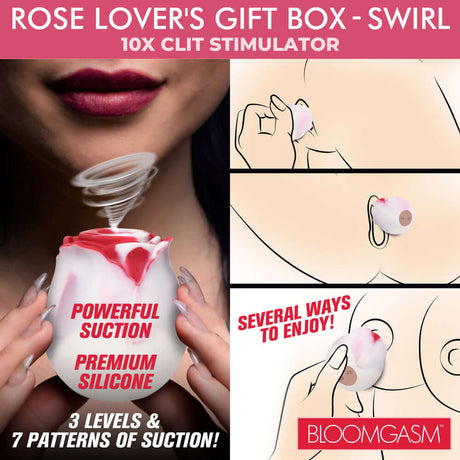 Bloomgasm The Rose Lovers Gift Box Swirl showcasing powerful suction and clitoral stimulator features.