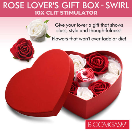 Bloomgasm The Rose Lovers Gift Box Swirl featuring red and white roses and a clitoral stimulator in a heart-shaped box.