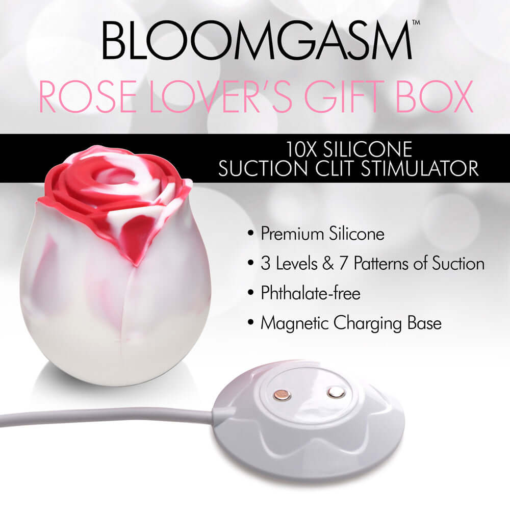 Bloomgasm The Rose Lovers Gift Box Swirl showcasing a silicone suction clit stimulator with premium features.