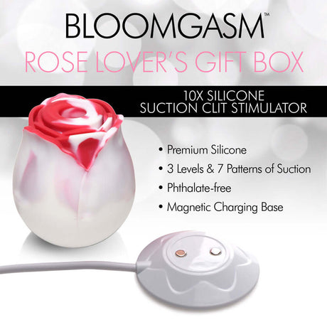 Bloomgasm The Rose Lovers Gift Box Swirl showcasing a silicone suction clit stimulator with premium features.