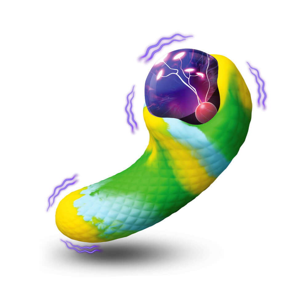 Creature Cocks Electric Eye Plasma Vibrator with textured scales in vibrant green, blue, and yellow colors.