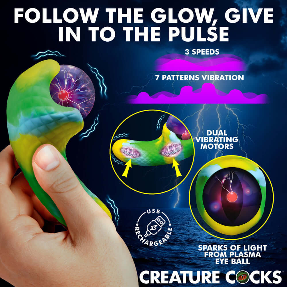Creature Cocks Electric Eye Plasma Vibrator showcasing unique design with dual motors and vibrant colors.