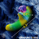 Creature Cocks Electric Eye Plasma Vibrator with vibrant colors and measurements shown, showcasing its unique design.