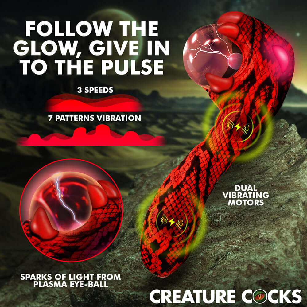 Creature Cocks Cobra Scepter Plasma Vibrator with dual motors, 3 speeds, and 7 patterns for electrifying pleasure.