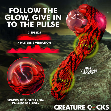 Creature Cocks Cobra Scepter Plasma Vibrator with dual motors, 3 speeds, and 7 patterns for electrifying pleasure.