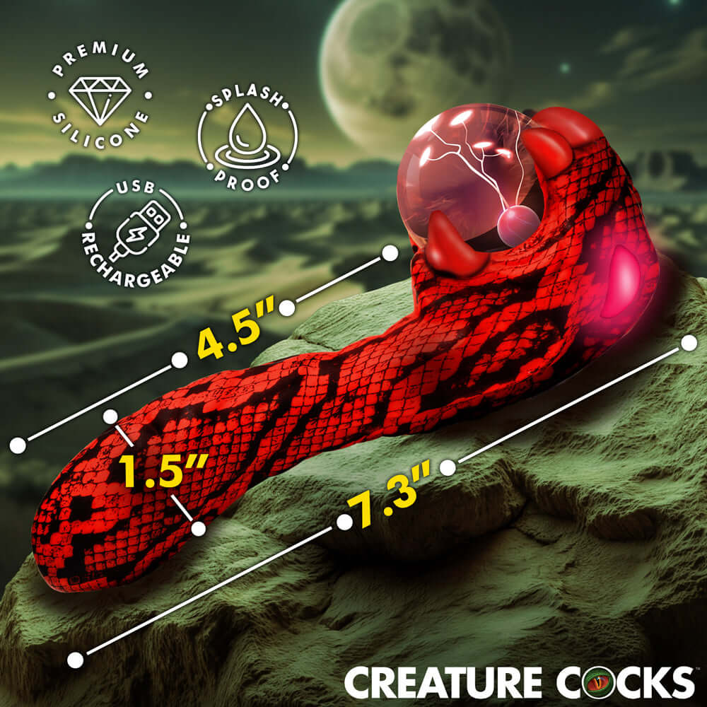Creature Cocks Cobra Scepter Plasma Vibrator with measurements and features, showcasing its unique design and capabilities.