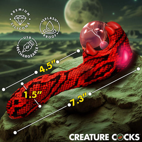 Creature Cocks Cobra Scepter Plasma Vibrator with measurements and features, showcasing its unique design and capabilities.