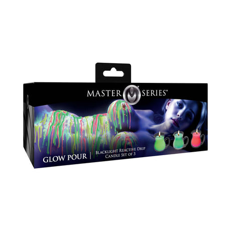 Master Series UV Blacklight Reactive Drip Candle 3-Piece Set packaging with colorful drip design and glow features.