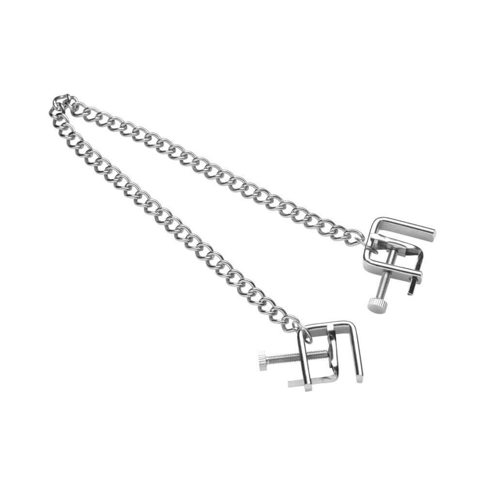 Master Series Pressure Vice Metal Nipple Clamps designed for BDSM sessions with adjustable screws for customizable pressure.