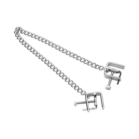Master Series Pressure Vice Metal Nipple Clamps designed for BDSM sessions with adjustable screws for customizable pressure.