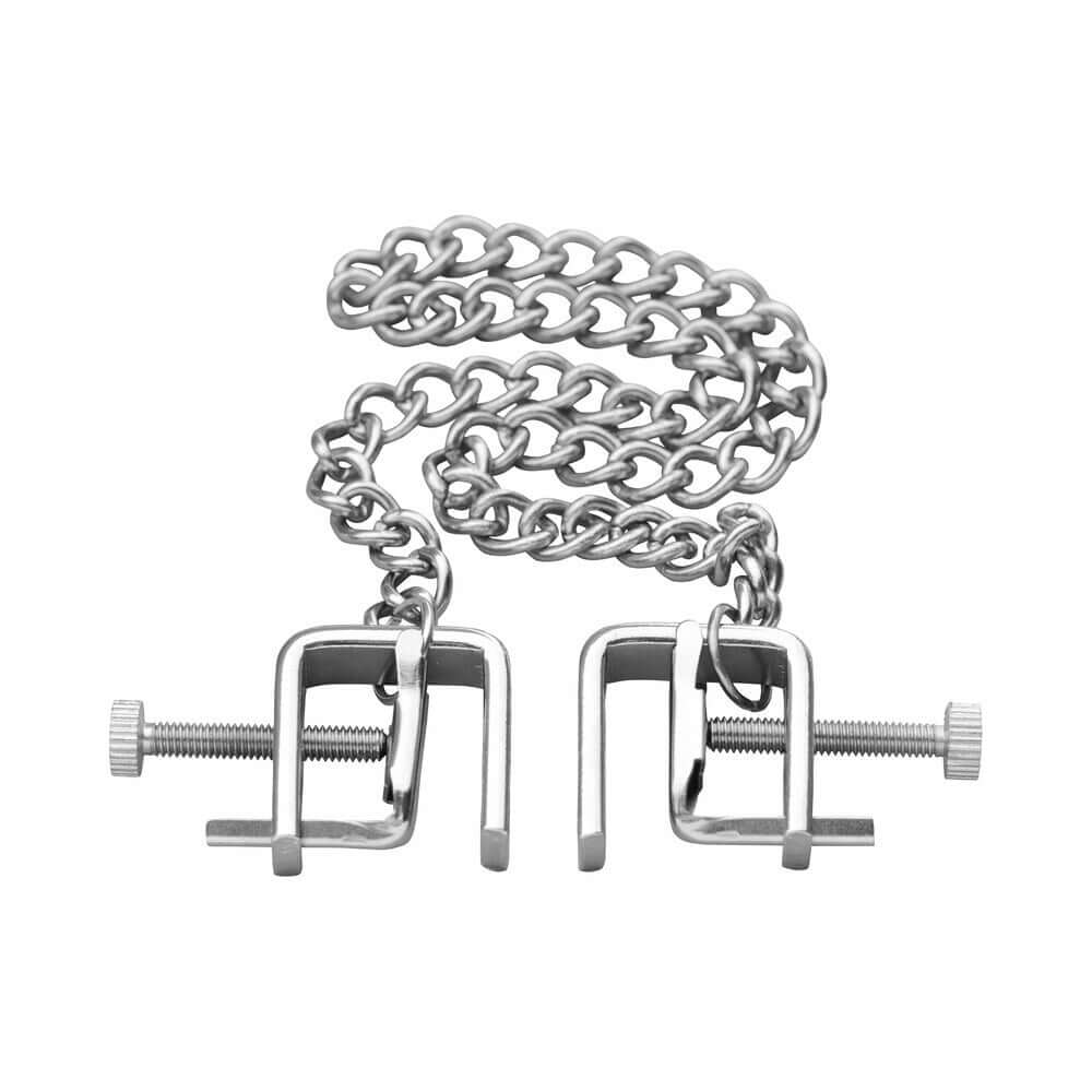 Master Series Pressure Vice Metal Nipple Clamps with adjustable screws and chain for customizable stimulation.