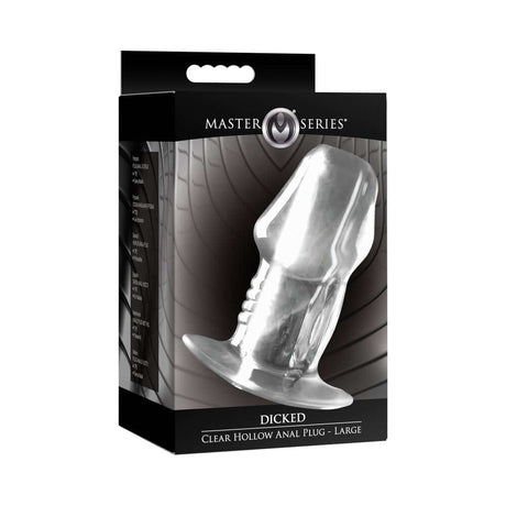 Master Series Dicked Clear Hollow Anal Plug Large in its packaging, designed for intense anal pleasure and exploration.