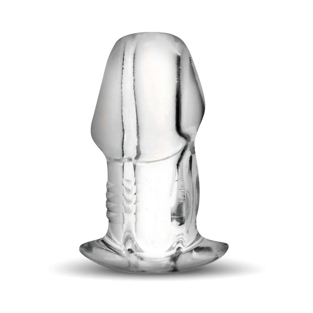 Master Series Dicked Clear Hollow Anal Plug Large displayed from the side on a neutral background.