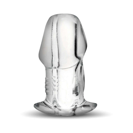 Master Series Dicked Clear Hollow Anal Plug Large displayed from the side on a neutral background.
