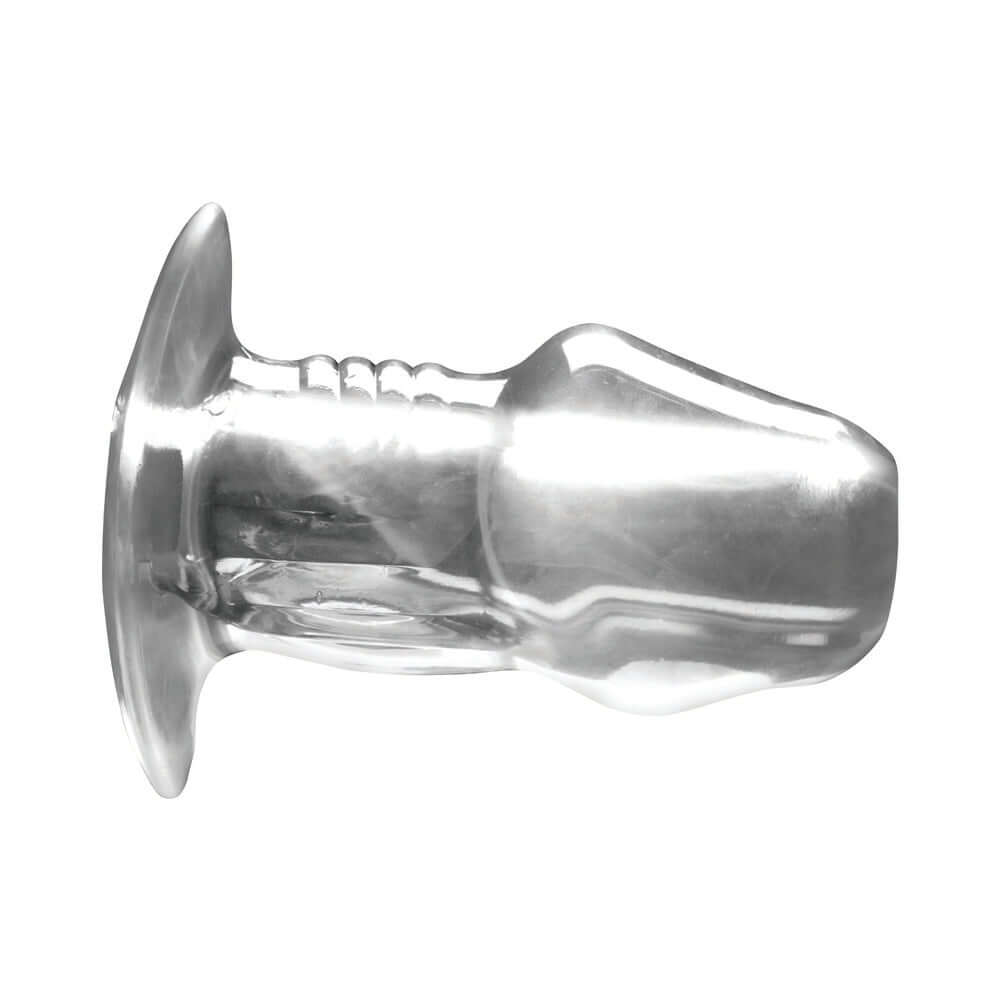 Master Series Dicked Clear Hollow Anal Plug Large with shiny metallic finish and smooth design for versatile play.