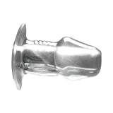 Master Series Dicked Clear Hollow Anal Plug Large with shiny metallic finish and smooth design for versatile play.