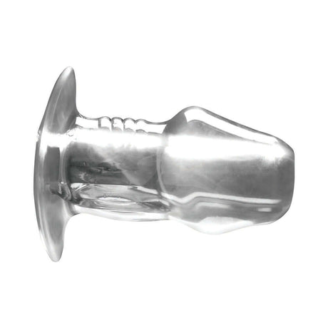 Master Series Dicked Clear Hollow Anal Plug Large with shiny metallic finish and smooth design for versatile play.