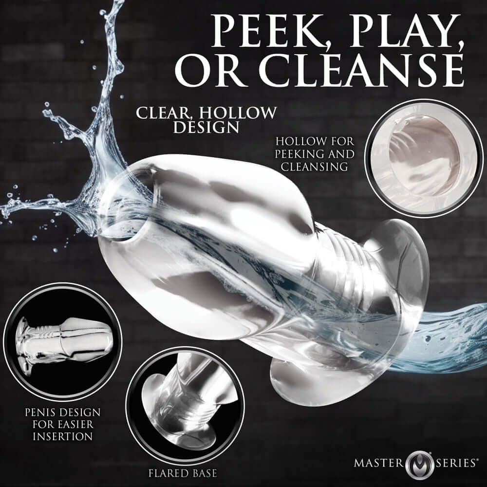 Master Series Dicked Clear Hollow Anal Plug Large with clear hollow design for unique play and cleansing.