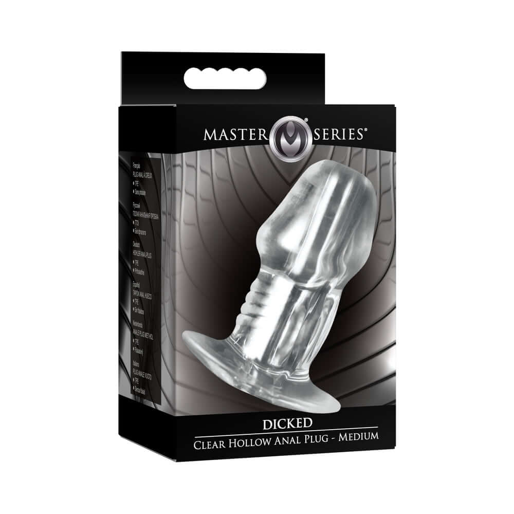 Master Series Dicked Clear Hollow Anal Plug Medium in packaging, showcasing its transparent design for anal exploration.