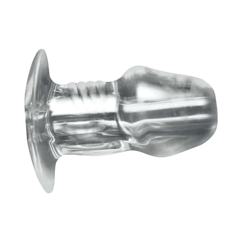 Master Series Dicked Clear Hollow Anal Plug Medium showcasing its transparent, hollow design for creative exploration.