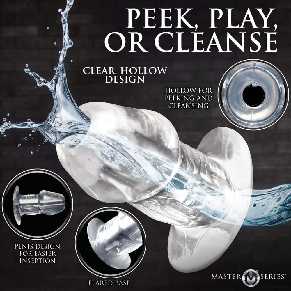 Master Series Dicked Clear Hollow Anal Plug Medium featuring a clear, hollow design for adventurous play and easy cleansing.