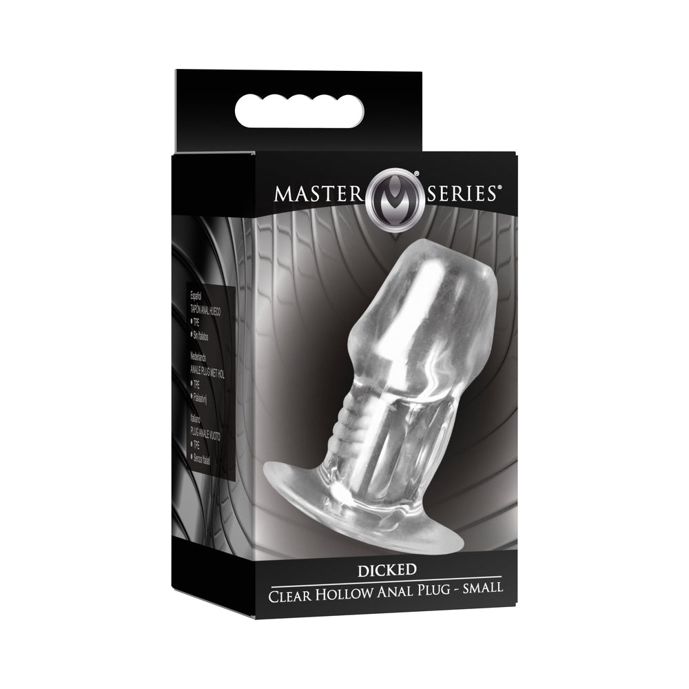 Master Series Dicked Clear Hollow Anal Plug Small packaging with clear plug visible.