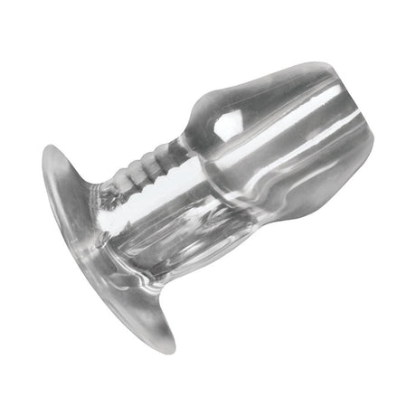 Master Series Dicked Clear Hollow Anal Plug Small showcasing its transparent design and hollow interior.
