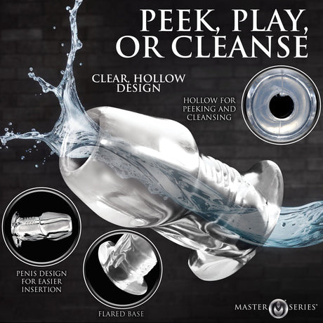 Master Series Dicked Clear Hollow Anal Plug Small with a clear, hollow design for peeking and cleansing.